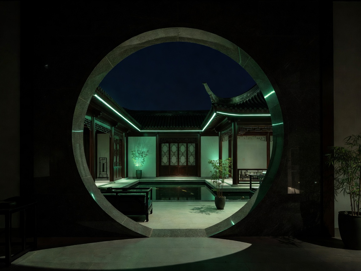 A breathtaking contemporary Chinese-inspired night courtyard viewed through a monumental circular moon gate with deep architectural shadows and subtle jade lighting.