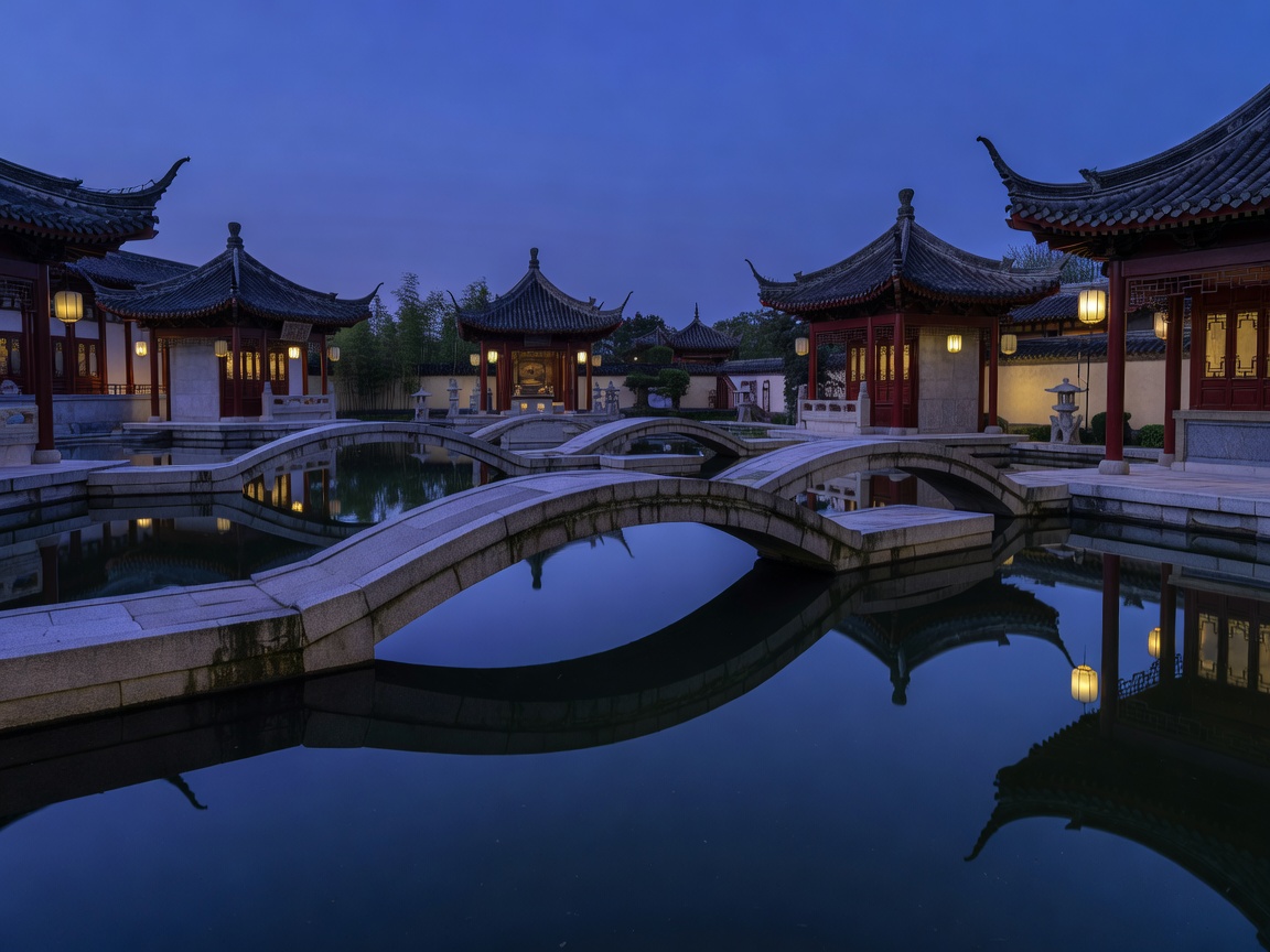 A sophisticated Chinese-inspired architectural water courtyard at blue hour with long stone walkways crossing still reflective pools.