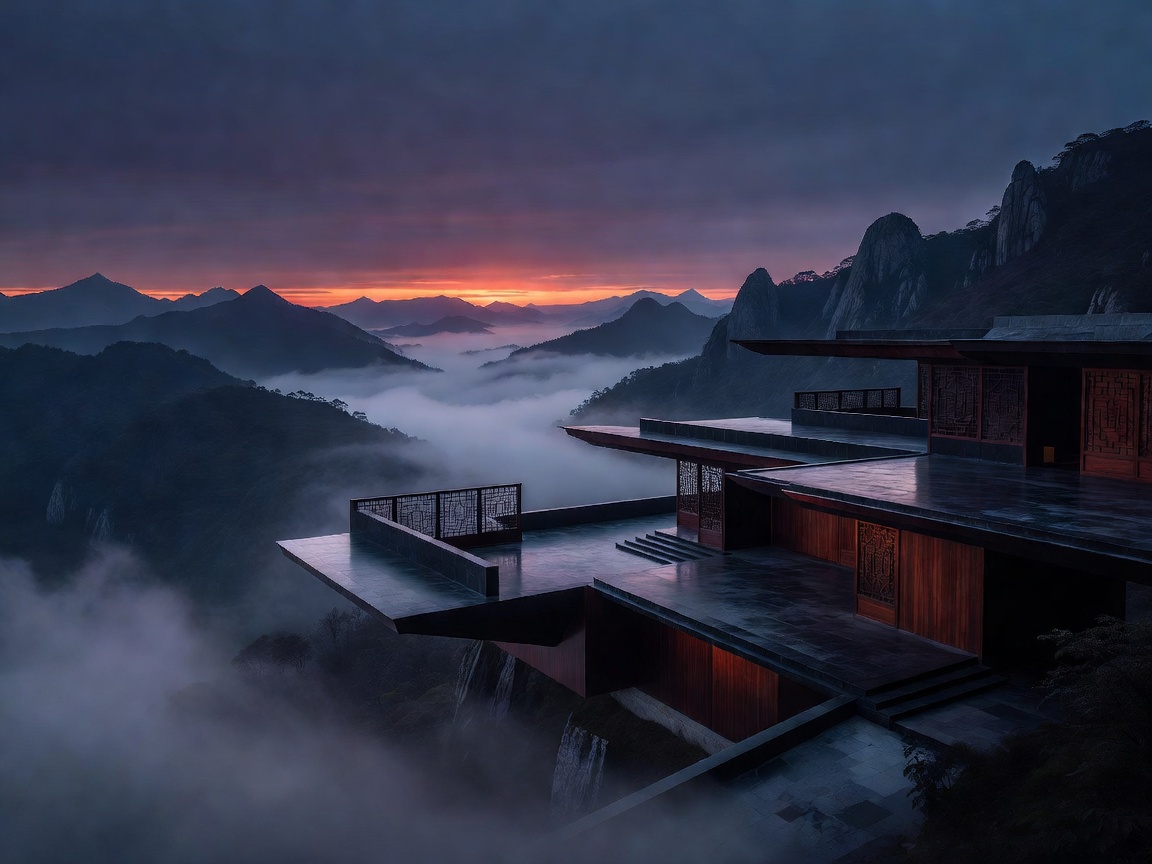 A dramatic contemporary Chinese-inspired mountain terrace after sunset overlooking layered misty mountain ridges.
